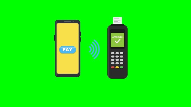 Flat vector contactless payment scene on solid chroma green background: generic smartphone with yellow screen and blue PAY pill button; blue contactless wifi arcs popping in one by one; black payment