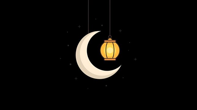 Simple crescent moon and hanging lantern icon.