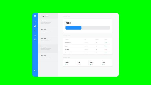 Flat vector dashboard UI faithfully matching the reference on solid chroma green background: light rounded panel with NO shadow underneath it; vivid blue rounded sidebar with white hamburger, light-bl