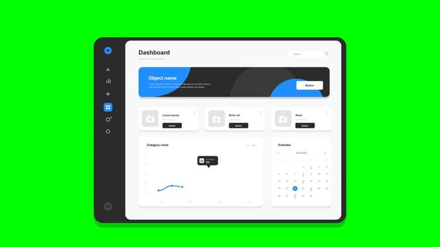 Flat vector dashboard UI faithfully matching the reference on solid chroma green background: dark charcoal rounded tablet frame with soft shadow and dark sidebar (blue logo, gray icons, blue active gr