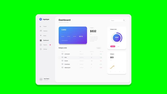 Flat vector dashboard UI faithfully matching the reference on solid chroma green background: light gray outer panel with soft shadow; left column with violet-blue logotype, menu items with dark active