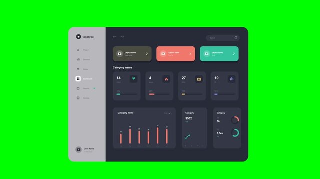 Flat vector dark theme dashboard UI on solid chroma green background: light gray sidebar now FUSED flush to the dark charcoal panel (squared joining edges with overlap so top and bottom connect seamle
