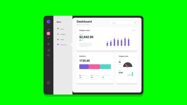Flat vector dashboard UI like the reference on solid chroma green background: dark charcoal rounded frame with dark left sidebar (violet logo, gray icons, pink active square, camera button), light gra