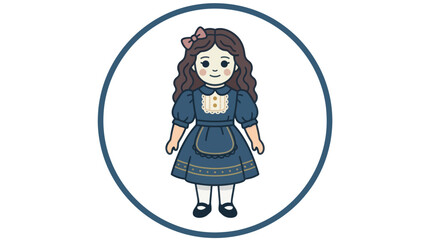 Fototapeta premium Vintage girl doll in blue dress within circle frame.