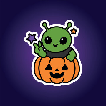 Cute green alien sitting on a large smiling jack-o'-lantern while surrounded by colorful stars, combining a friendly extraterrestrial character with Halloween imagery.