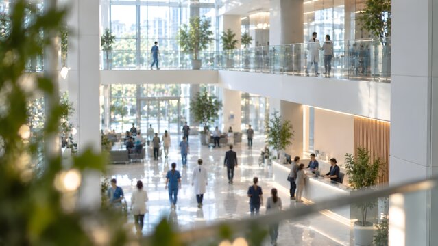 Modern hospital lobby interior with medical staff walking in bright atrium, high angle view with foreground blur