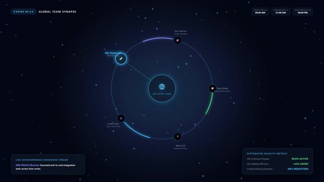Ultra-HD 4K futuristic motion graphic illustrating asynchronous remote work collaboration across global time zones. Features dynamic timezone connectivity nodes, real-time message exchange visualizers
