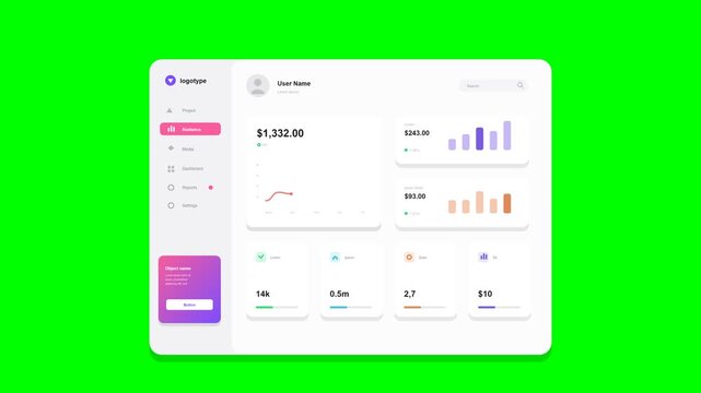 Flat vector dashboard UI like the reference on solid chroma green background: light gray outer panel with soft shadow, left sidebar with violet logotype, pink active Statistics pill, Reports pink badg