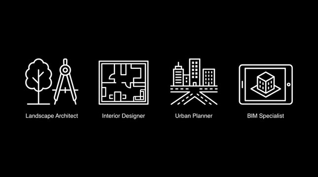 Minimalist linear icons for architecture and urban planning.