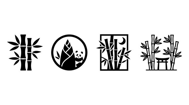 Minimalist bamboo and panda icons in black ink.