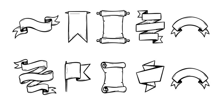 Ribbon and scroll banner doodle icon set in hand drawn sketch style with flag, parchment, twisted ribbon and vintage label shapes for certificate and award design, including 10 vector illustrations