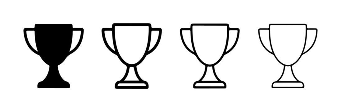 Trophy cup icon set in solid and outline style with winner, champion, award, victory and achievement symbols for sport, competition and success design, including 4 vector illustrations