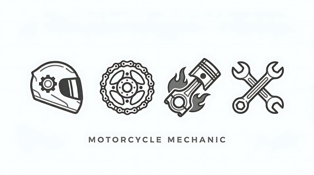 Motorcycle mechanic icons set with engine parts.