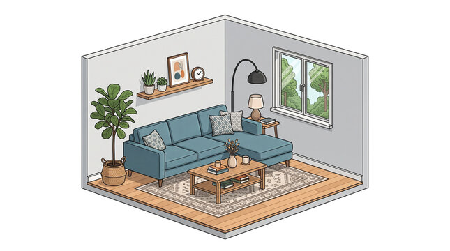 Isometric living room illustration, modern interior design with blue sofa. Cozy home lounge with furniture and plants, minimalist apartment decor. isolated PNG with Transparent Background