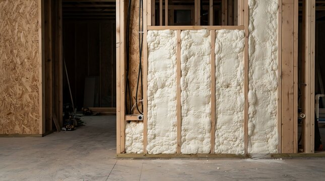 White spray foam insulation fills wooden wall studs during construction phase of new residential house project with bright natural light
