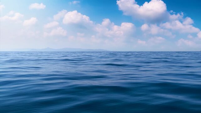 A background of open, calm ocean with blue sky and white clouds and reflections in the water