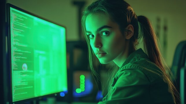 Young Female Programmer Working Late on Computer Coding in Dark Office
