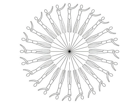 Patr&oacute;n circular de figuras humanas estilizadas en blanco y negro