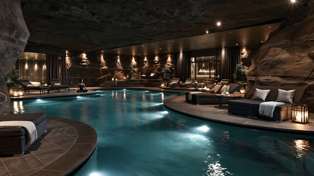 Luxury indoor cave spa pool illuminated with warm ambient light surrounded by rock walls and lounge daybeds for wellness resort, relaxation, therapy and modern architecture concept