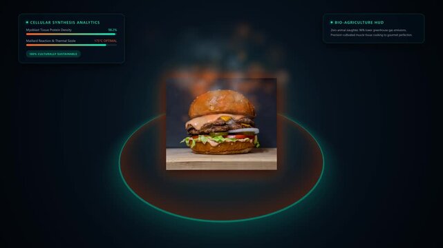 Ultra-HD 4K futuristic food-tech motion background showcasing a lab-grown cultured meat burger patty sizzling with realistic thermal steam and volumetric smoke rising directly from the burger.
