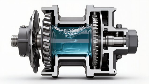Oil-bath flanged spur gear viscous fluid coupling toroidal chamber cutaway, white background