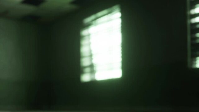 The serene atmosphere reveals a dimly lit room, where soft green light spills through a partially shaded window, creating a calm and contemplative space inviting reflection.