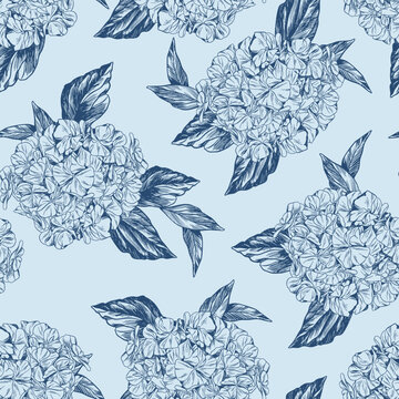 Vector hydrangea flowers pattern. Colorful seamless Toile de jouy pattern. Perfect for greetings, invitations, manufacture wrapping paper, textile and web design. Vector Toile de jouy pattern.