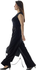 Businesswoman walks right in black office outfit carrying handbag on transparent background....
