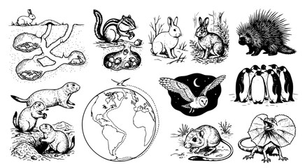 Obraz premium Set of wild animals and habitats including burrows penguins owl and globe showing migration patterns in detailed black and white pen and ink style illustration for nature study