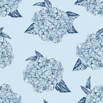 Vector hydrangea flowers pattern. Colorful seamless Toile de jouy pattern. Perfect for greetings, invitations, manufacture wrapping paper, textile and web design. Vector Toile de jouy pattern.