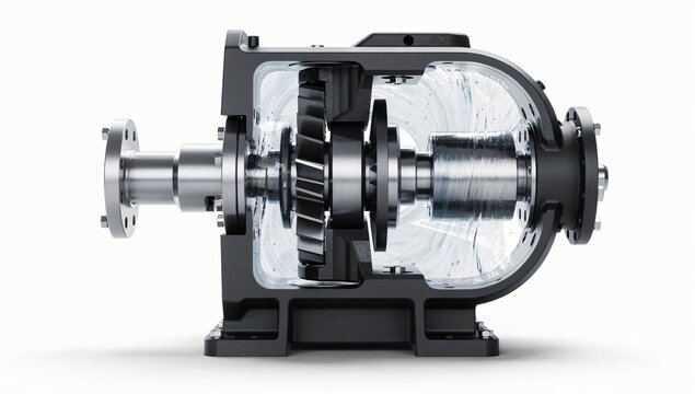 Single-stage centrifugal pump helical gear flanged shaft cutaway, white background