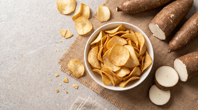 Cassava chips bowl with raw tapioca root