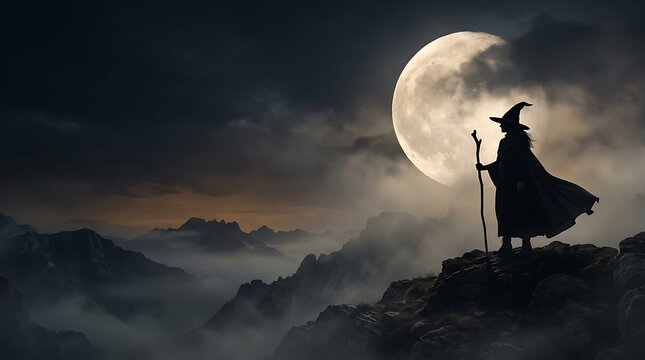 Mysterious witch silhouette standing on jagged mountain peaks under glowing full moon with swirling clouds in dark night sky scenery