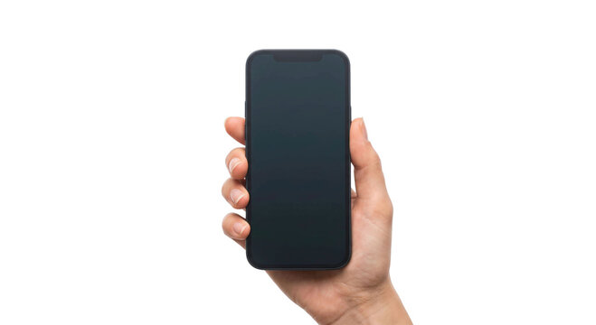 Hand holding a modern smartphone with a dark screen against a white background