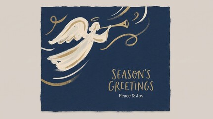 Fototapeta premium painted angel blowing trumpet with golden swirls on dark blue background. season's greetings text. christmas and new year celebration. winter holiday greeting card.