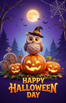Cute Owl Wearing Witch Hat Sitting on Jack-o-Lantern with Full Moon and Bats in Spooky Halloween Night.