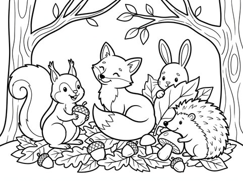 Woodland animals enjoying autumn coloring book
