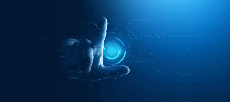Futuristic digital AI technology with cyber hand touching hologram interface on blue tech background