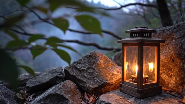 Dark metal lantern glowing among rugged boulders beneath leafy branches, overlooking a misty autumn valley where cool twilight air meets gentle amber firelight in a quiet woodland retreat scene