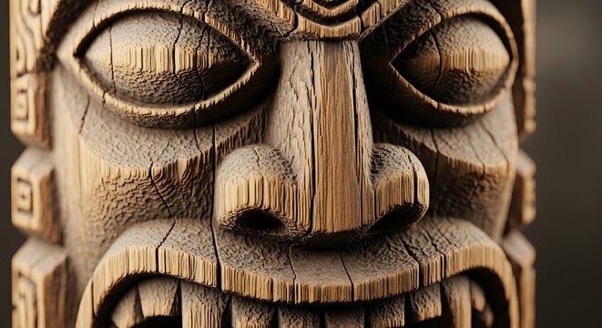 Close-up of wooden tiki mask face.