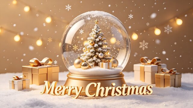 Merry Christmas Golden Snow Globe with Tree, Gifts, and Bokeh Lights Background