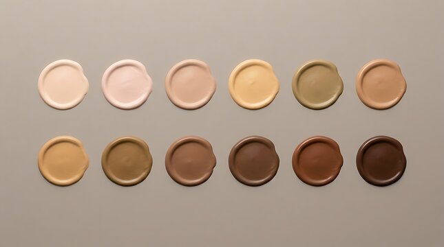 Set of round liquid foundation makeup swatches in various skin tone shades on a neutral background. foundation tone guide