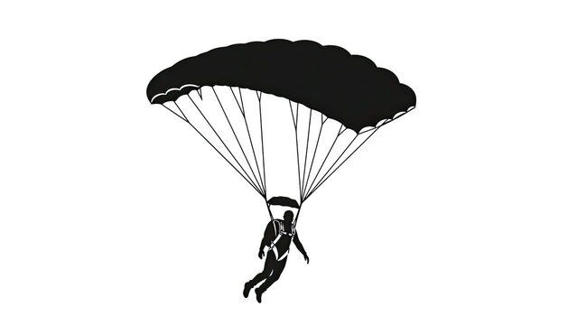 Black and White Paragliding Pilot Flying Under Large Canopy Silhouette Isolated on transparent background