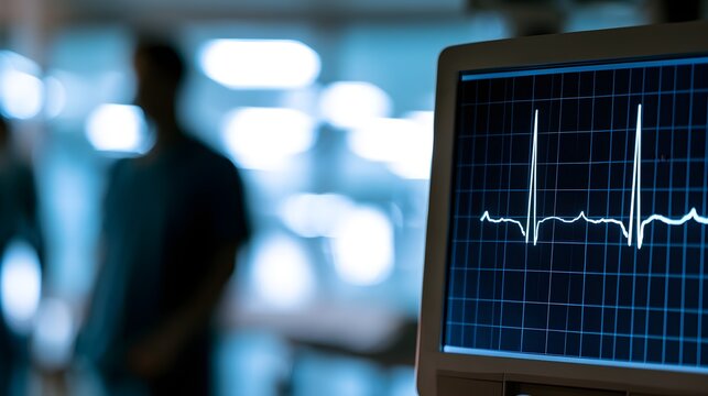 Medical heart rate monitor displaying ECG waveform. Hospital patient monitoring screen in intensive care unit. Vital signs tracking technology.