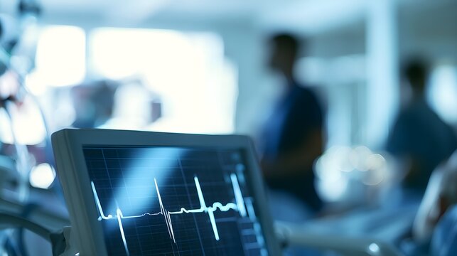 Medical heart rate monitor displaying ECG wave. Intensive care unit patient monitoring. Hospital clinical equipment in blue tones.