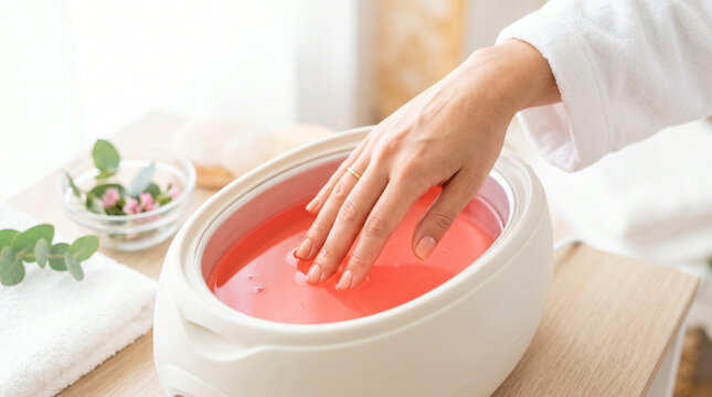 Hand in a paraffin wax bath for spa treatment with relaxing accessories  