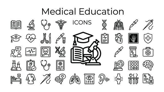 Medical Education Icons: A collection of diverse icons representing various aspects of medical education and science, including a microscope, stethoscope, DNA strand, and medical symbols.