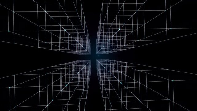 Futuristic Neon Wireframe Tunnel Motion Graphic with Glowing Blue Data Nodes on Dark Background