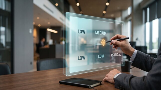 Businessman Using Stylus on Futuristic Holographic Risk Assessment Matrix Screen in Modern Office for Strategic Decision Making and Risk Management Evaluation