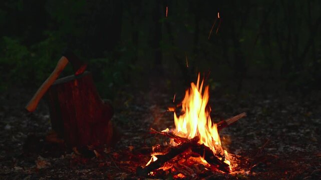 Campfire Burning Next to Stump with Axe in Dark Forest Seamless Loop with Sound. Seamless loop of a campfire burning brightly next to a tree stump with an axe in a dark night forest
